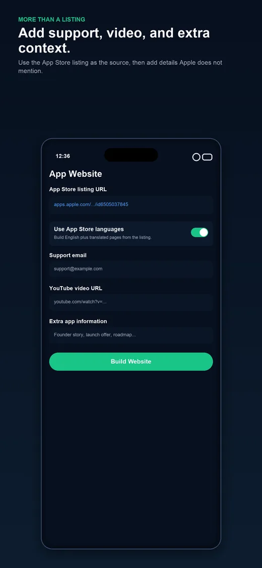 Appsitekit language and app information fields