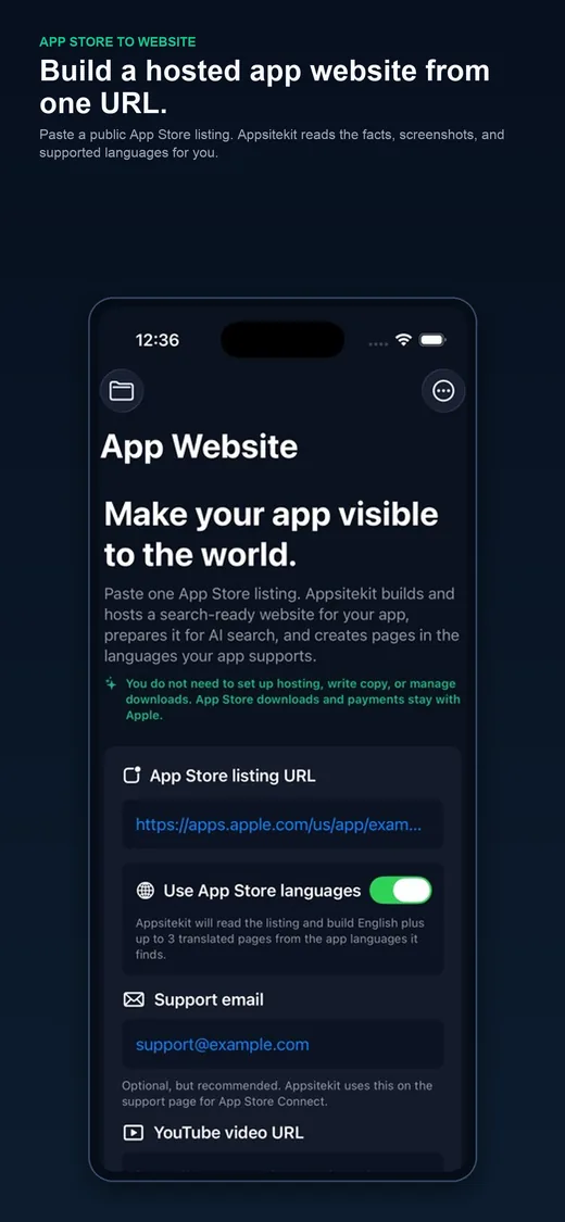 Appsitekit App Store URL form
